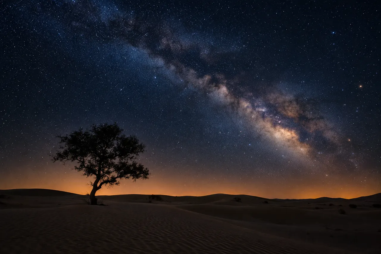 Starry night sky and the Milky Way above quiet desert dunes